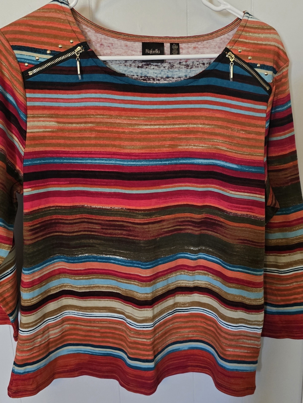Rafaella Multicolor Stripe Scoop Neck Top with Zip Detail